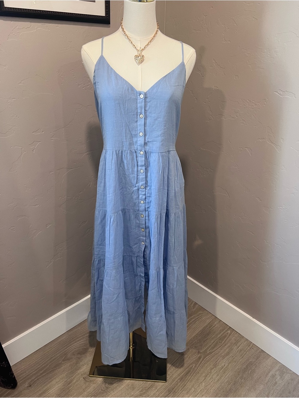 Bila-77 Light Blue Button-Front Spaghetti Strap Maxi Dress. Size M